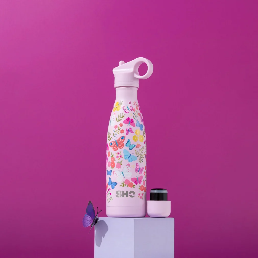 Sticlă termos din oțel inoxidabil, 500ml, cu 2 capace – Extazul fluturașilor