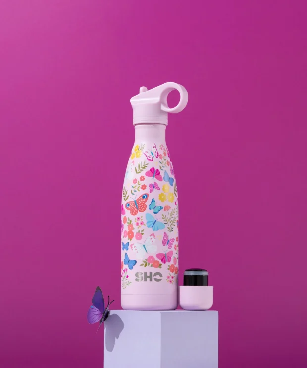 Sticlă termos din oțel inoxidabil, 500ml, cu 2 capace – Extazul fluturașilor