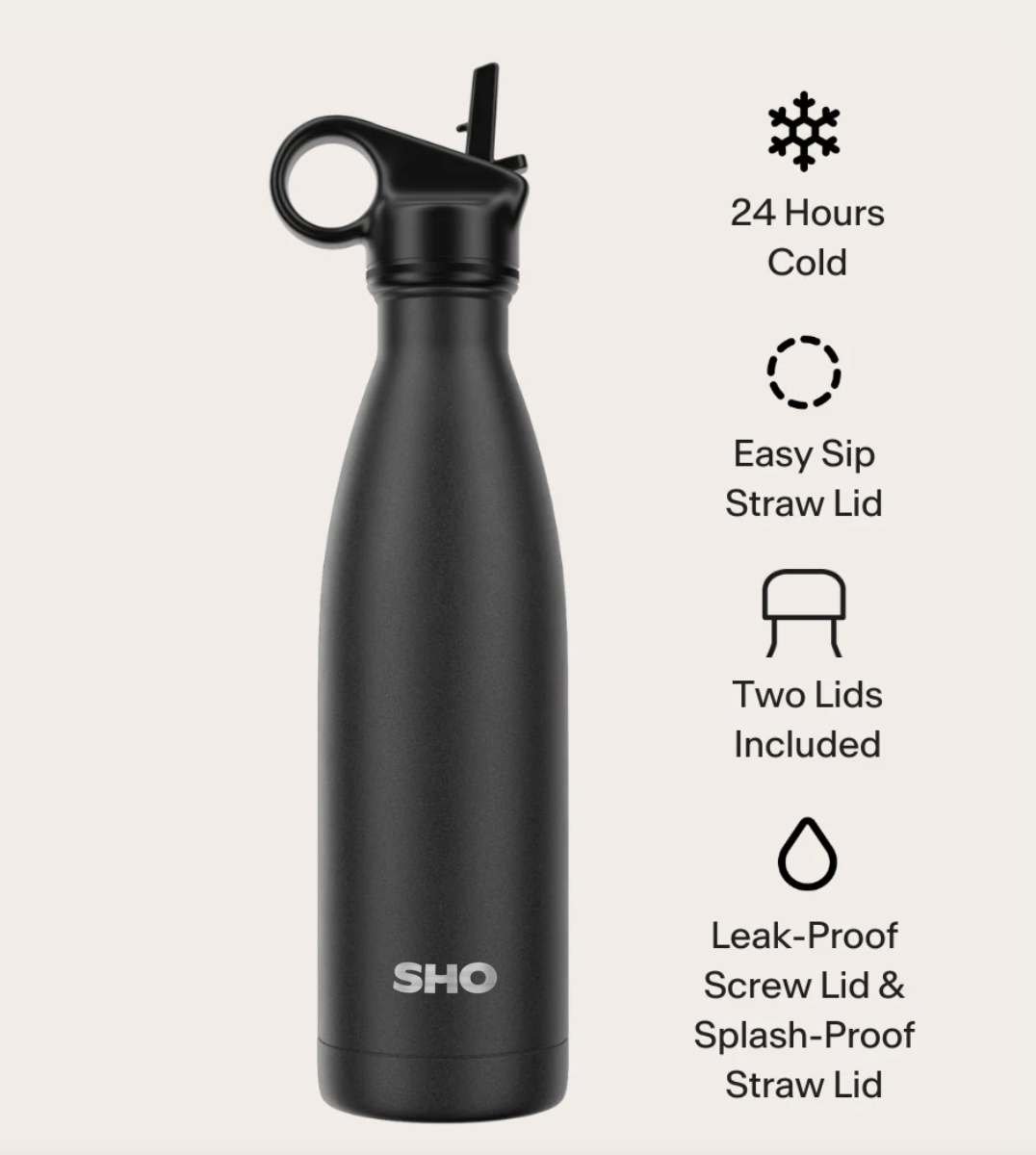 Sticlă termos din oțel inoxidabil, 500ml, cu 2 capace – Negru