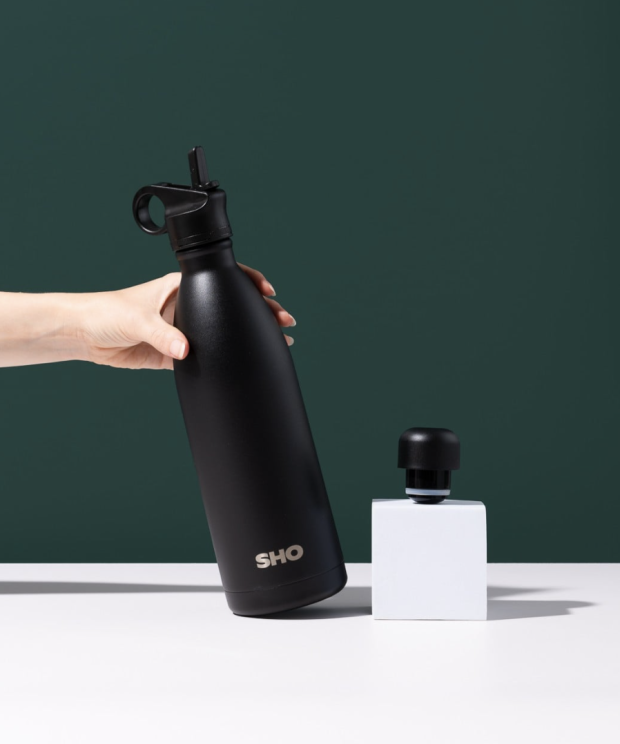 Termos cu mâner, din inox, capacitate 1L, cu două capace - Negru