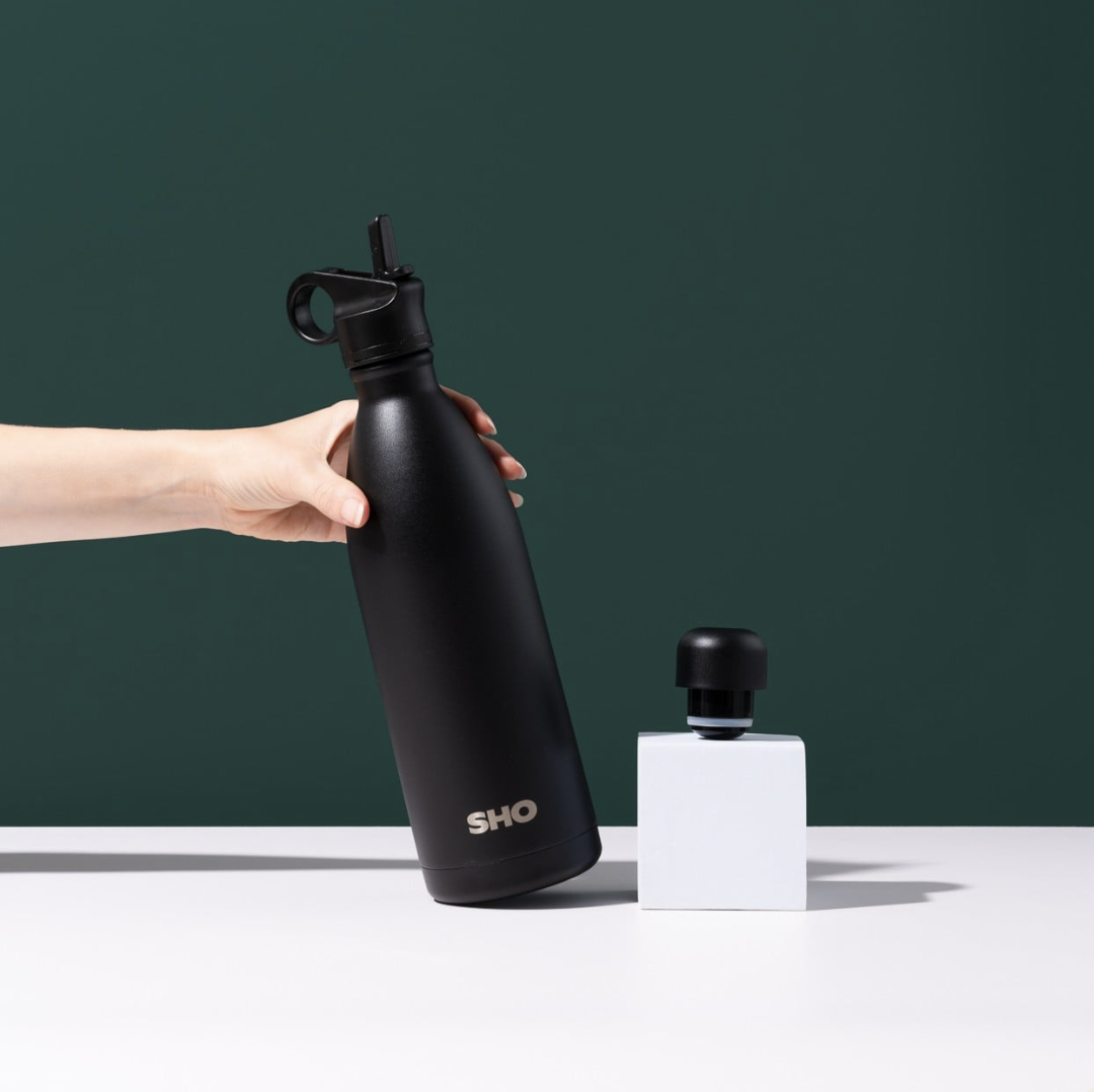 Termos cu mâner, din inox, capacitate 1L, cu două capace - Negru