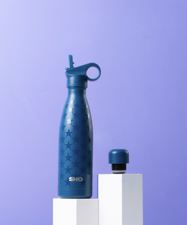 Sticlă termos din oțel inoxidabil, 500ml, cu 2 capace – Albastru cu stele